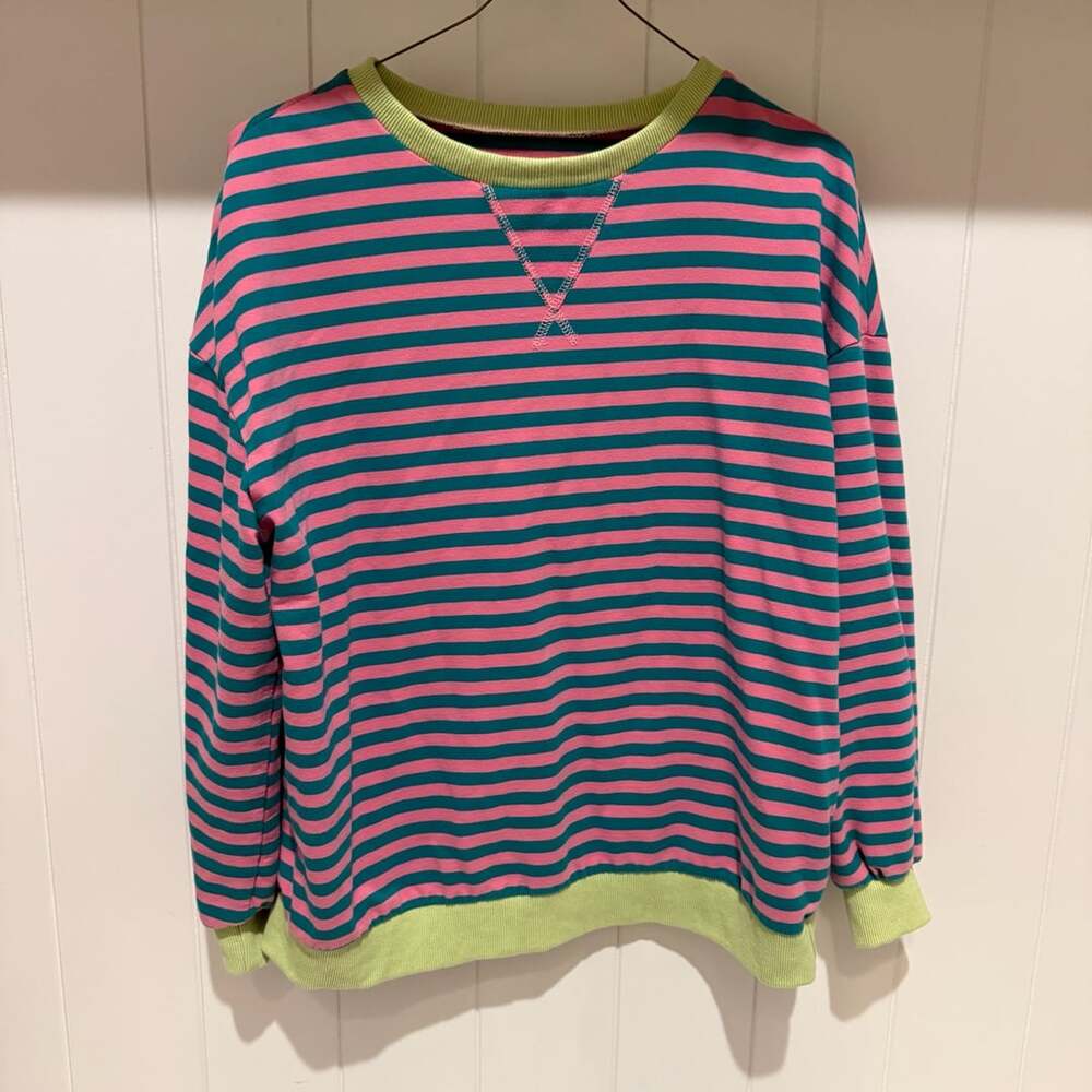Pink and Teal Striped Crewneck Sweatshirt with Lime Green Trim
